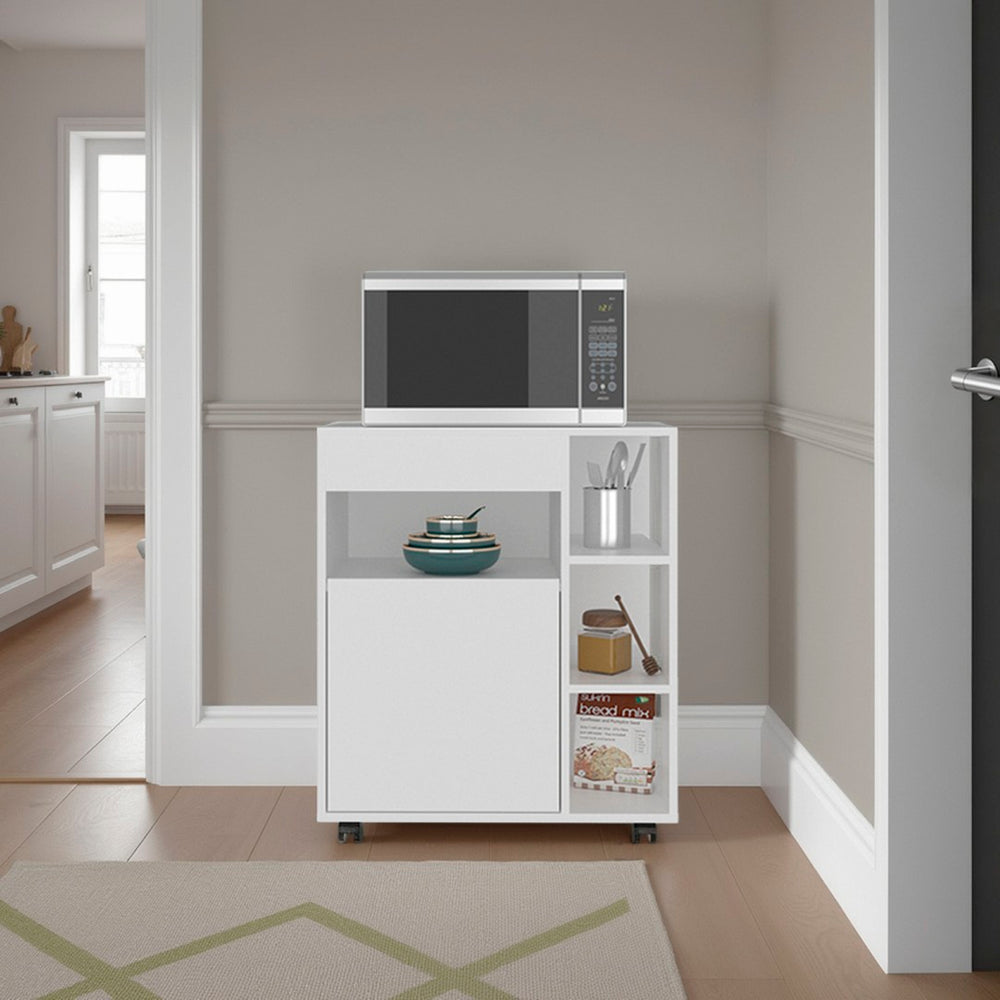 English Elm Kaito White Kitchen Cart with Open Shelving Enclosed Cabinet and Appliance Surface B070P474241