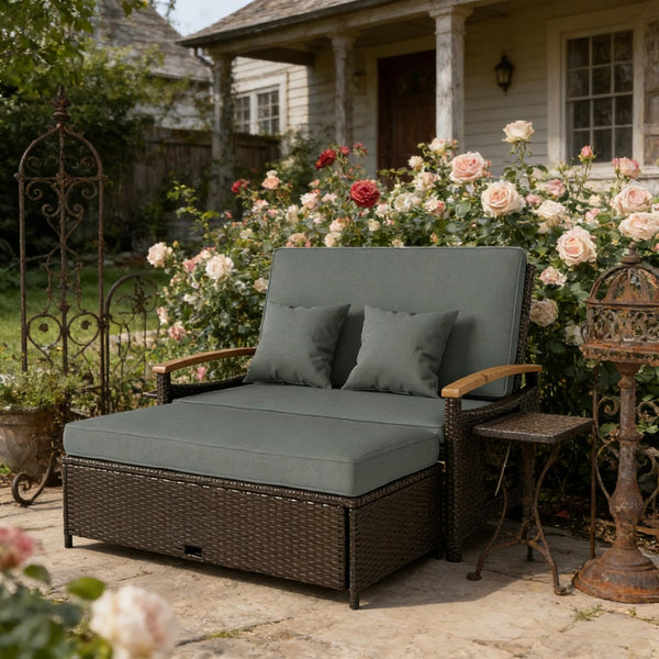 English Elm 4-in-1 Wicker Outdoor Daybed with Acacia Armrests Reclining Loveseat and Storage Ottoman Gray T3971P484825