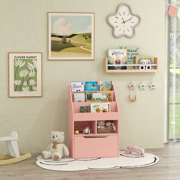 English Elm HOMCOM Kids Bookcase with Drawer & Anti-Tip Design, 3-Tier Shelf Organizer for Toys & Books Pink W2225P217324