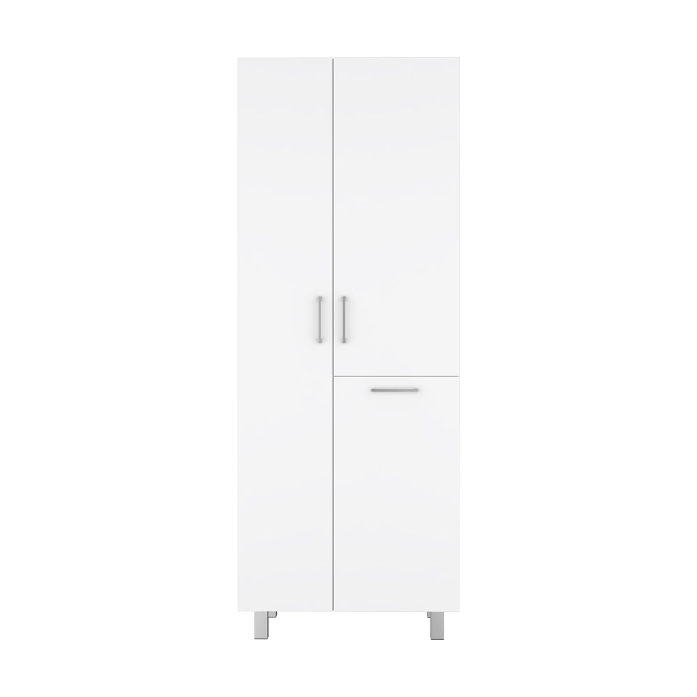 English Elm Iris 71" High Two-Door Broom Closet with Hamper, Slim White Pantry Cabinet for Laundry & Cleaning Supplies B200S00452