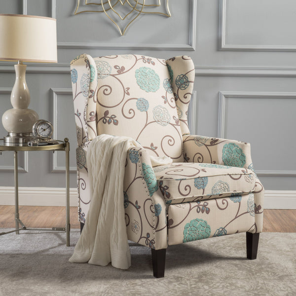 English Elm Christopher Knight Home® - Pushback Recliner Chair with Nailhead Trim and Wingback Design, Plush Fabric Comfort for Living Rooms White+Multi 60760.00