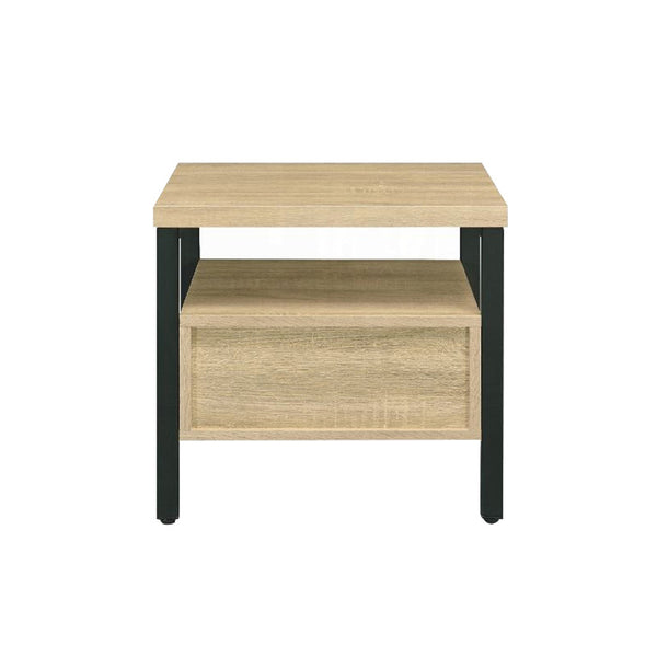 English Elm One Drawer Nightstand With Open Shelf - Rustic Oak And Black Metal For Modern Bedroom Style B016P256523