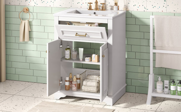 English Elm 24" Matte Single Sink Vanity Solid Poplar Frame Gold Hardware Soft Close Cabinet White N710P389449K