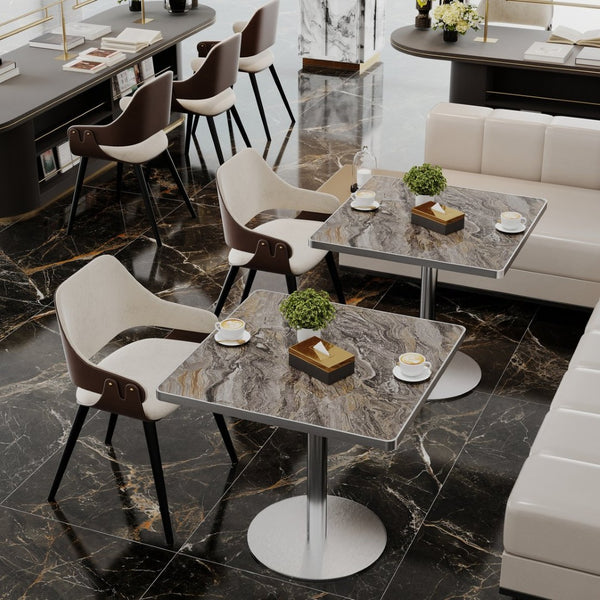 English Elm Square Bistro Pedestal Dining Table Faux Marble Top Gold Metal Base for Small Spaces W3316P421501