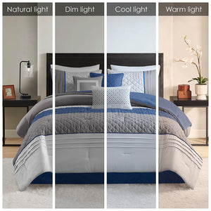 JLA Home Madison Park - 7 Piece Color Block Stripe Comforter Set — Modern Pinsonic & Printed Microfiber, Hypoallergenic Pillows, OEKO-TEX (Grey/Blue) MP10-8323
