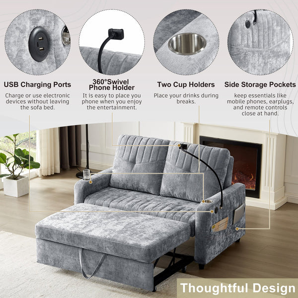English Elm 53.9" Modern Loveseat Pull-Out Sofa Bed with Adjustable Backrest, Cup Holders, USB Charging Ports & Storage Grey N719S001650E