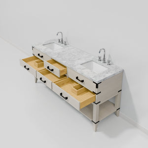 English Elm White Oak Double Bath Vanity With Carrara Marble Top & Chrome Gooseneck Faucet - Elegant Storage Solution B2731P260320-GIGA