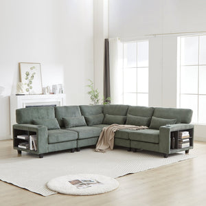 English Elm 102.75*102.75" L-Shaped Modular Sectional Sofa with Corduroy Upholstery, Storage Arm, Cup Holder, 5-Seat Convertible Lounge Green W1926S00054