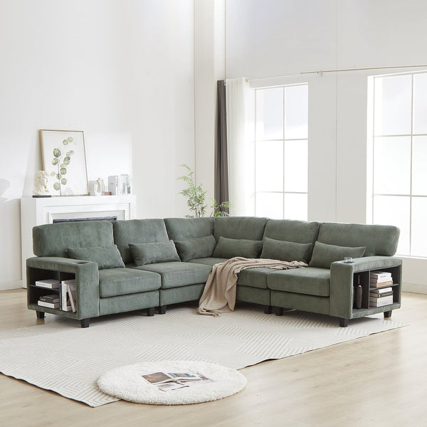 English Elm 102.75*102.75" L-Shaped Modular Sectional Sofa with Corduroy Upholstery, Storage Arm, Cup Holder, 5-Seat Convertible Lounge Green W1926S00054
