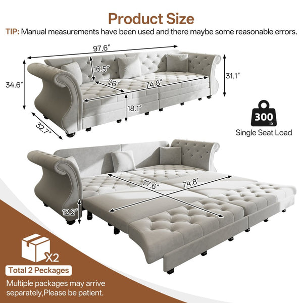 English Elm 97.6" Oversized Velvet Chesterfield Sleeper Sofa Floral Tufted Roll Arm Living Room Couch Light Grey W1885S00398