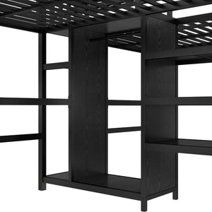 English Elm Twin Metal Loft Bed with Study Desk Wardrobe Shelving and Outlet for Kids Rooms Black W1580S00371
