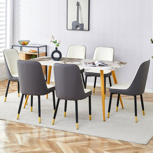 English Elm Table Set: Modern Minimalist Dining With White Imitation Marble Top & 6 Ergonomic Pu Chairs, Gold & Black W1151S01670-GIGA