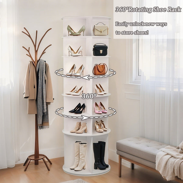 English Elm 7 Tier Rotating Shoe Rack Tower with Boot Slot, 360° Spinning Organizer Holds 28 Pairs, White W3204P300607