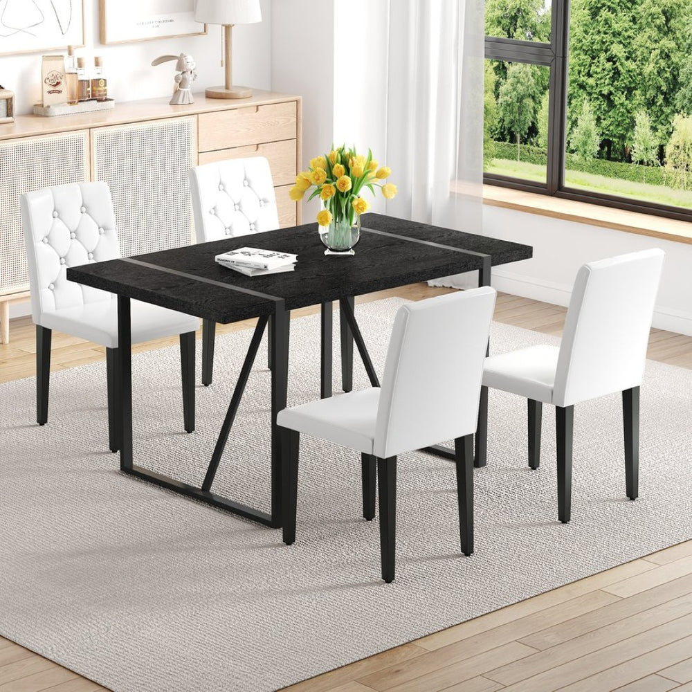 English Elm Black Faux Grain Mdf Table Set with Four White Pu Chairs Retro Minimalist Dining W1151S04372