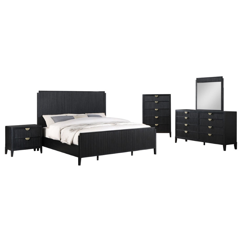 English Elm Black Fluted California King Bedroom Set with Wire-brushed Finish and Golden Hardware B062S01839