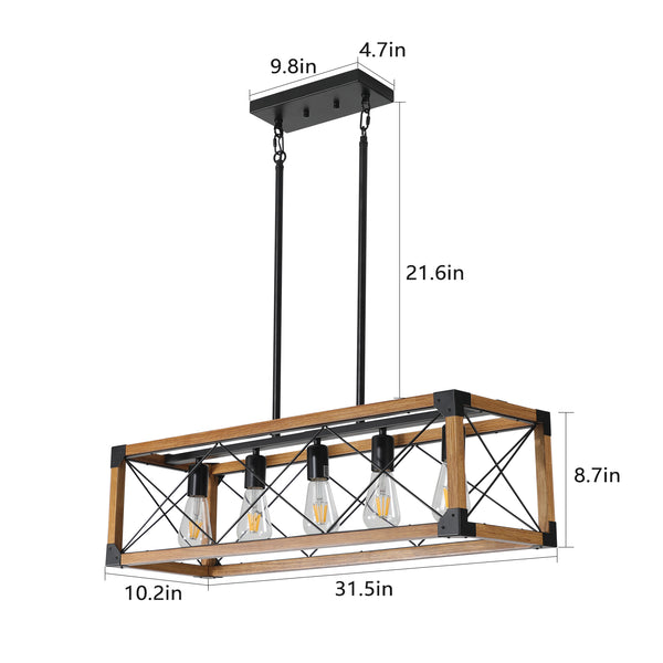 English Elm 32" Walnut Industrial Farmhouse Pendant Light Chandelier – 5-Light Fixture For Dining & Cafe Spaces W2312P368674