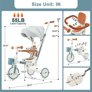 English Elm 7 in 1 Convertible Toddler Tricycle Aluminum Frame Push Trike with Rotating Seat Canopy Blue N726P300636C
