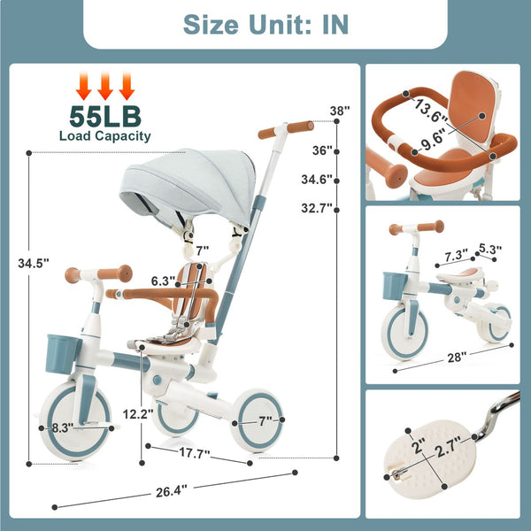 English Elm 7 in 1 Convertible Toddler Tricycle Aluminum Frame Push Trike with Rotating Seat Canopy Blue N726P300636C