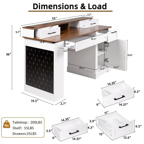 English Elm 55" Farmhouse Writing Desk with Cabinet Charging Station Pegboard and Monitor Stand White W2917S00008