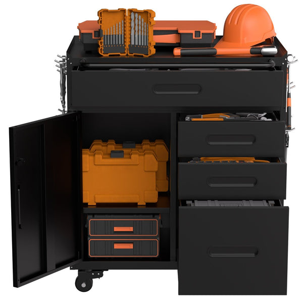 English Elm 34.3" Rolling Steel Workshop Cabinet with 3 Drawers Lockable Doors and Pegboard Sides W2735P428817
