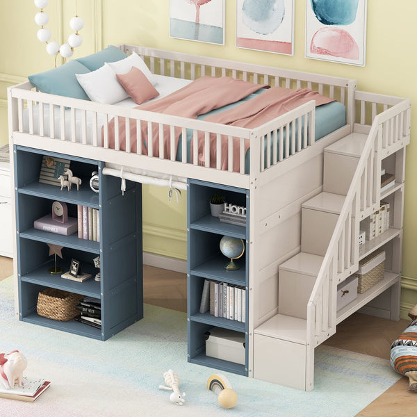 English Elm Full Size Loft Bed With Stylish Storage Cabinets, Privacy Curtain & Multi-Functional Design - White/Blue GX003006AAK