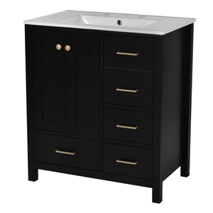 English Elm 30'' Elegant Freestanding Bathroom Vanity With Ceramic Sink, Soft-Close Drawers & Timeless Black Finish N710P194420B