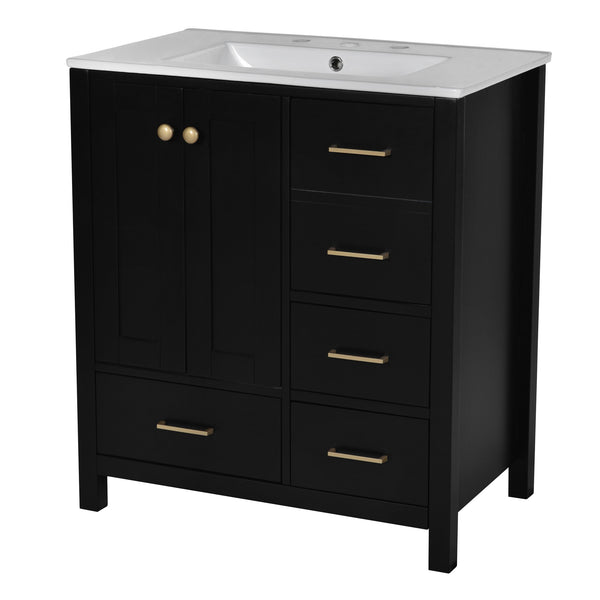 English Elm 30'' Elegant Freestanding Bathroom Vanity With Ceramic Sink, Soft-Close Drawers & Timeless Black Finish N710P194420B