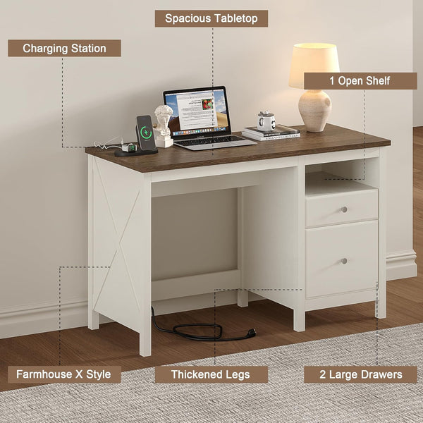 English Elm 47" Farmhouse Wood Writing Desk with Charging Station, 2 Drawers, Open Shelf & Ergonomic Workspace for Home Office and Vanity Beige+Brown T3771P351922