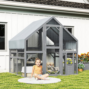 English Elm Cat, Outdoor Wood Enclosure Multi-level Shelter with Platforms Resting Boxes Waterproof Canopy W1598S00039