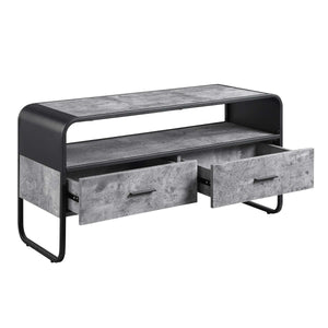 English Elm Metal Industrial TV Stand with Concrete Gray Shelves, Black Metal Frame, 2 Storage Drawers & Open Display Space B016P324158