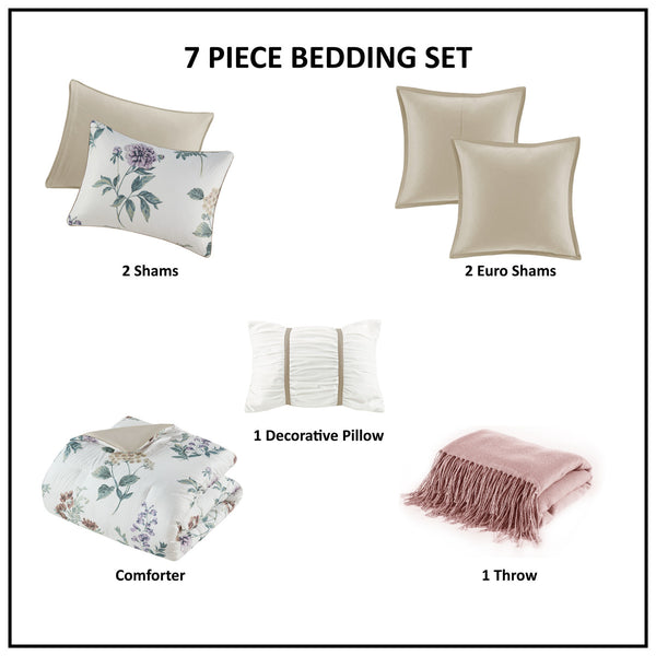 English Elm 7 Piece Seersucker Comforter Set With Throw Blanket In Taupe & Blush - Cozy Cottage Chic Style B035P266669