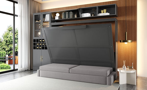 English Elm Queen Murphy Wall Bed Sofa with Open Shelving Usb Charging and Integrated Studio Lighting Gray LP100764AAE