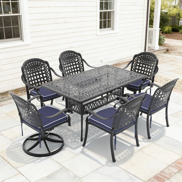 English Elm 7-piece Cast Aluminum Outdoor Dining Set with Swivel Chairs and Carved Petal Design W1710S00375