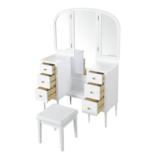 English Elm Antique Glam Vanity Desk with Triple Mirror, Stool & 6 Drawers, Full‑Length Mirror, White Elegance N844P285297A