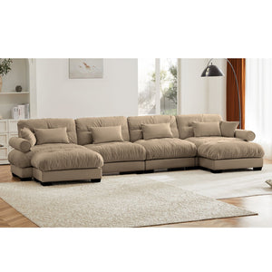 English Elm U Cloud Sectional Sofa with Movable Ottomans, Deep Velvet 4‑Seat Convertible Corner Couch, Plush Support and Bolster Arms Camel W714S01103
