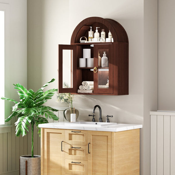 English Elm Wall Mounted Arched Cabinet Tempered Glass Doors Led Lighting Adjustable Shelves Bathroom Brown T3210P471553