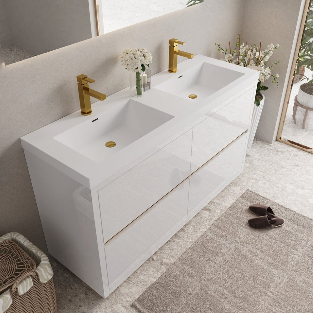 English Elm 60" Floating Bathroom Vanity Stone Resin Double Sink Soft Close Cabinet Spa Modern W1573P211197
