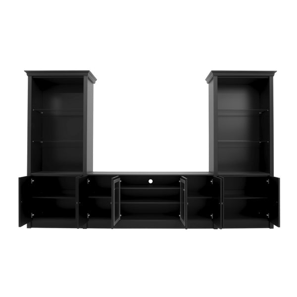 English Elm U-can Three Piece Wall Unit Built-in Media Center with Crown Molding and Tempered Glass Storage Black SJ000156AAB