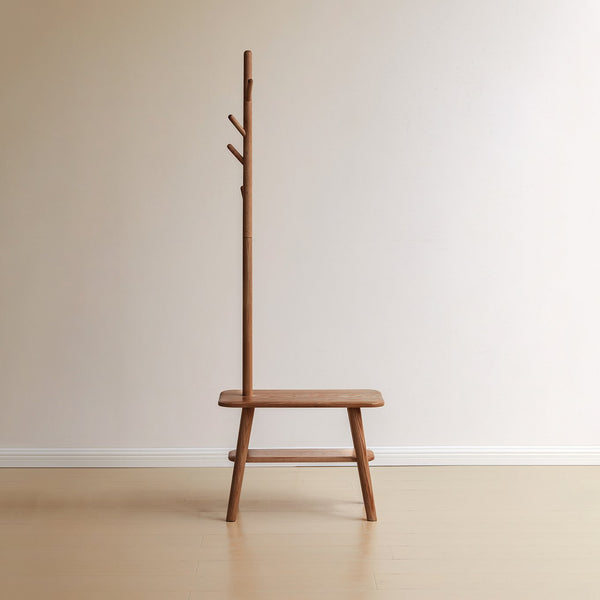 English Elm (Walnut Color) Natural Solid Wood Shoe Stool with Coat Rack Bench, 100% Oak Storage Seat, Mid-Century Modern Organizer for Entryway and Living Spaces W1283P298169