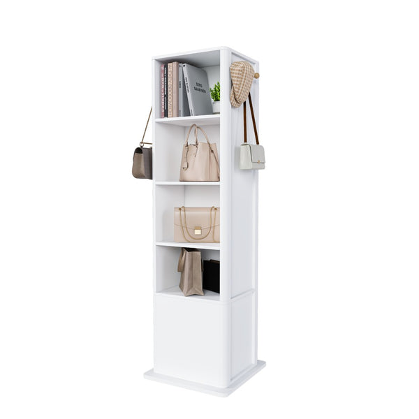 English Elm 360° Rotating Tower Cabinet with Full Length Mirror Open Shelving and Jewelry Storage White W509P456172
