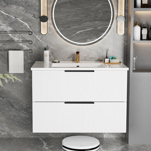 English Elm 36 Floating Bathroom Vanity with Ceramic Sink, Wall-Mounted 36" Modern Fluted Cabinet with Quiet Drawers Matte White 38.18 L x 22.83 W x 7.48 H W3520S00006