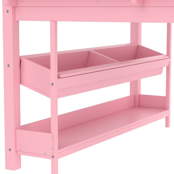English Elm Twin Low Loft Bed Solid Pine Frame Kids Study Desk Blackboard Storage White Pink W1580S00300