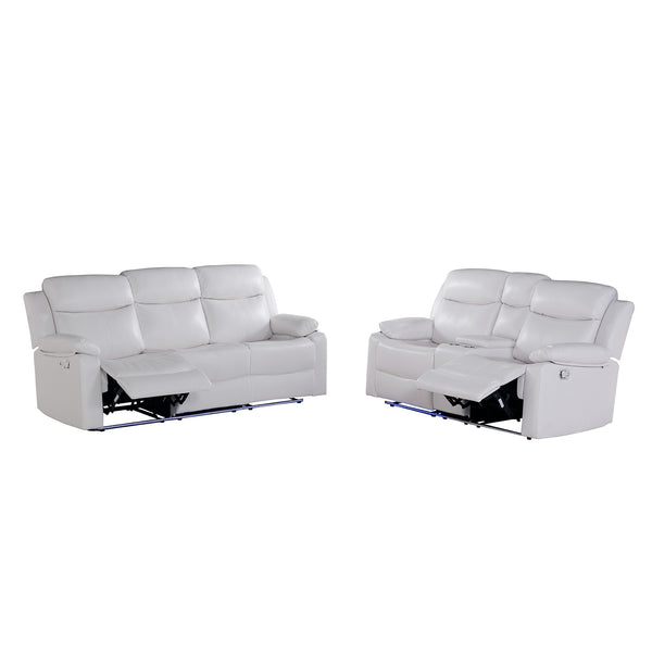 English Elm Blanche White Upholstered Reclining Sofa with LED Lights, Pillow Top Arms & Medium Firm Seating B201P391847