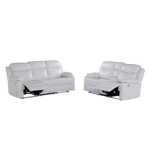 English Elm Blanche White Reclining Sofa and Loveseat Set with Console Storage Cup Holders Pillow-Top Arms and Medium-Firm Seating 2PC LED Lights and Speaker B201S00430