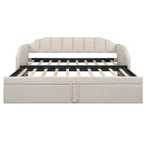 English Elm Twin Linen Upholstered Daybed with Pop up Trundle and Built in Usb Charging Beige SF000199AAA