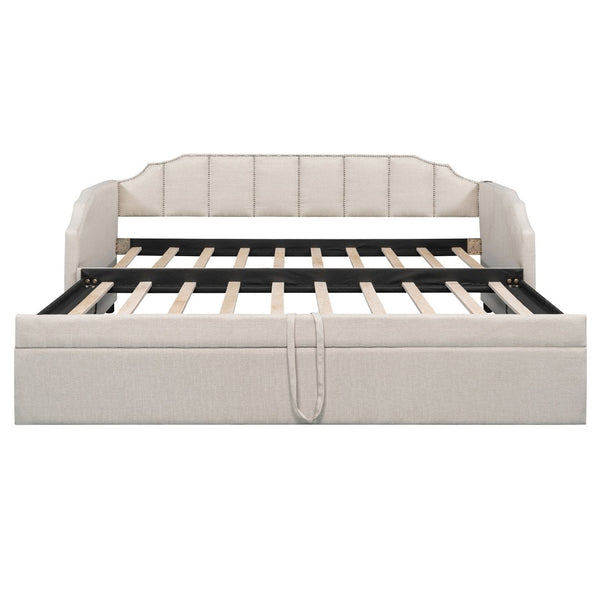 English Elm Twin Linen Upholstered Daybed with Pop up Trundle and Built in Usb Charging Beige SF000199AAA