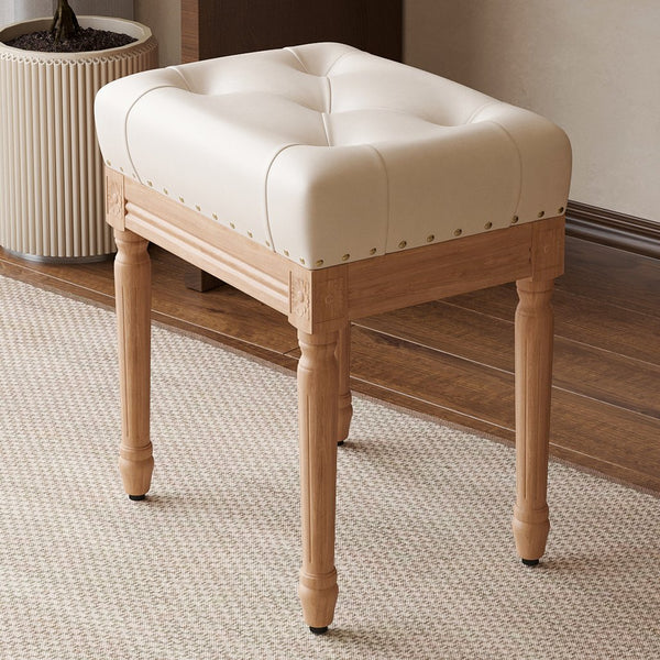 English Elm Vanity Ivory Tufted Ottoman Stool with Nailhead Trim & Carved Wood Legs — Faux Leather Bench, 300LB Capacity T3623P381007