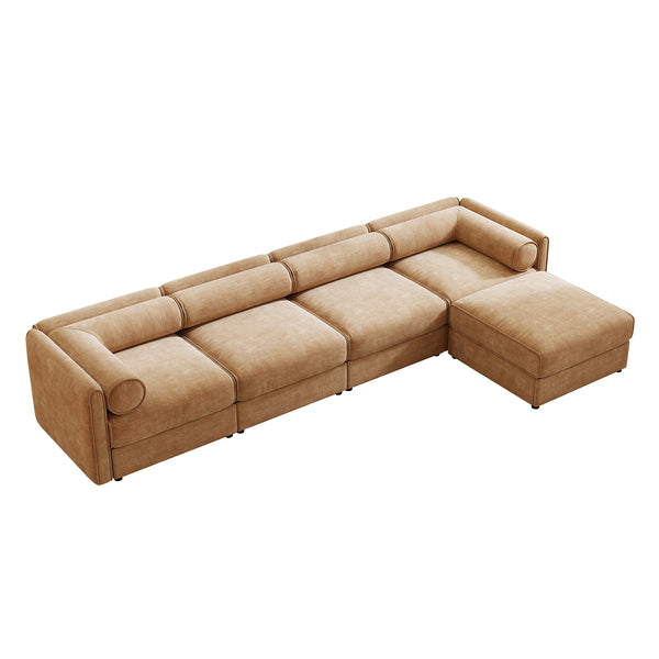 English Elm Modular Sectional Sofa With Smart Storage, Ergonomic Cylindrical Backrest & Luxurious Camel Upholstery W714S01231