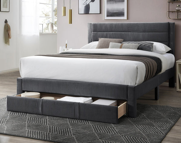 English Elm Luxury Corduroy Upholstered Queen Bed with Horizontal Channel Tufted Headboard and Storage Drawer Charcoal 62 L x 24 W x 10 H B011P238964