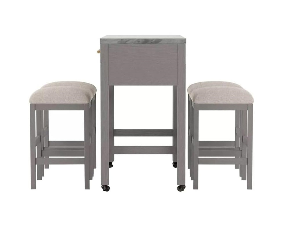 English Elm Rustic 5pc Counter Height Dining Set with Faux Marble Top, Slide-Out Extension & Storage Drawer B011S01307